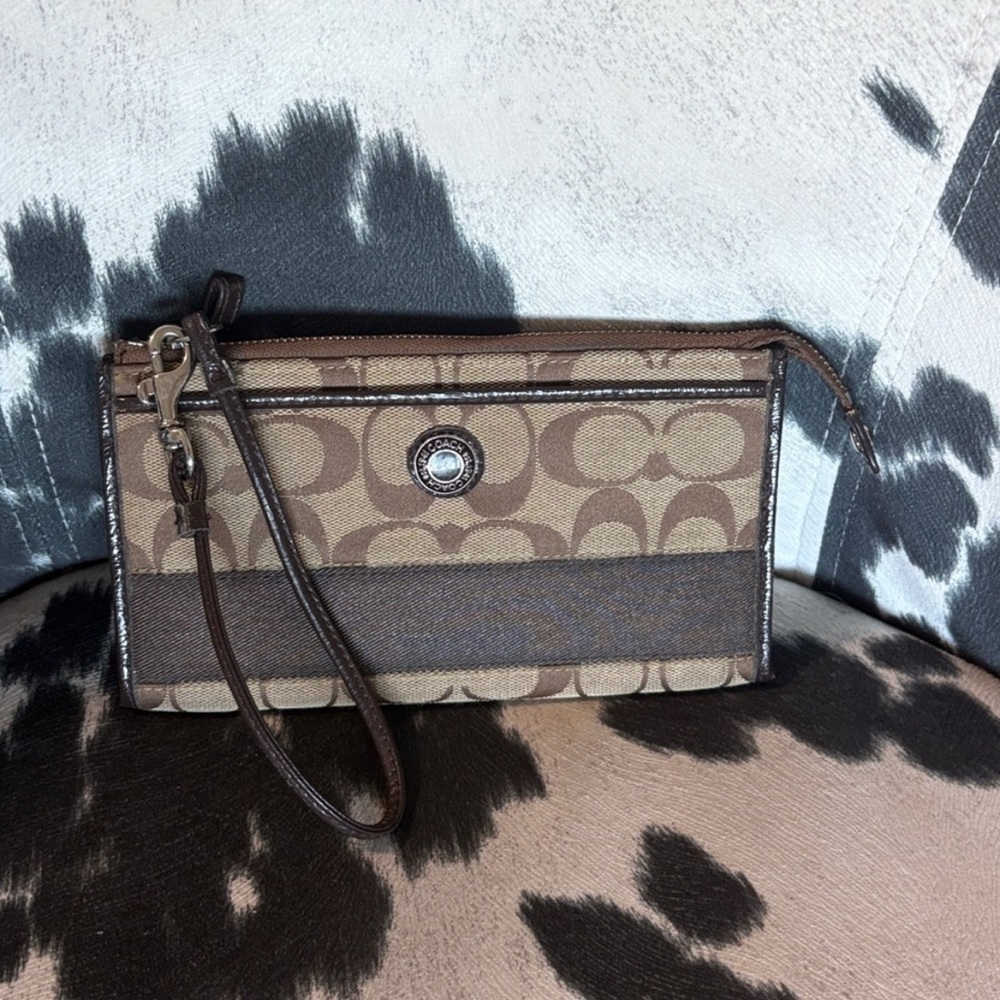 Coach Tan and Brown Signature Wristlet